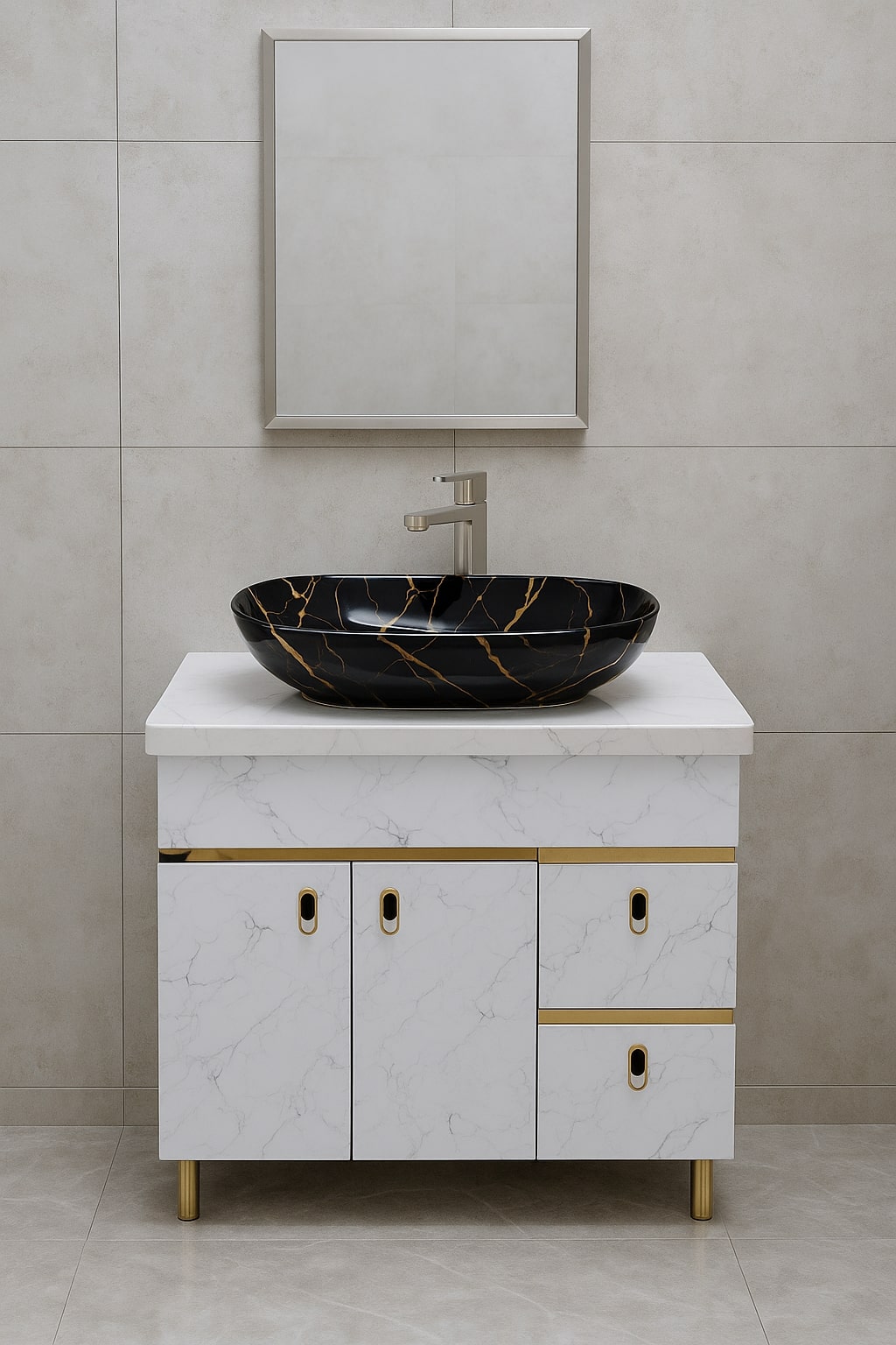 HDHMR Vanity Combo by Mizmo – 32x18 Inch Bathroom Setup with Marble Top, Designer Basin, 12'' Tall Basin Mixer, Waste Coupling & Jali – Complete Ready-to-Install Set , 3303