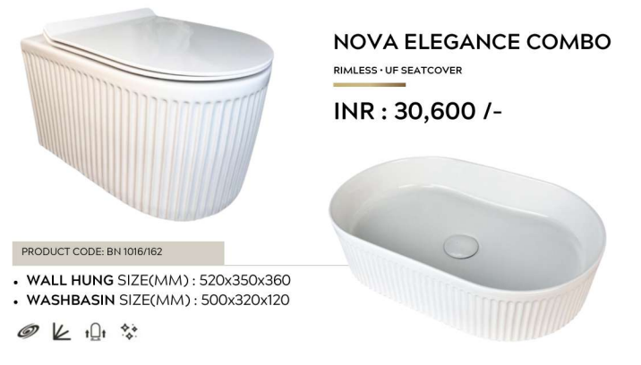 Mizmo , Designer Combo set , Wall hang WC + Counter top , White , NOVA ELEGANCE COMBO