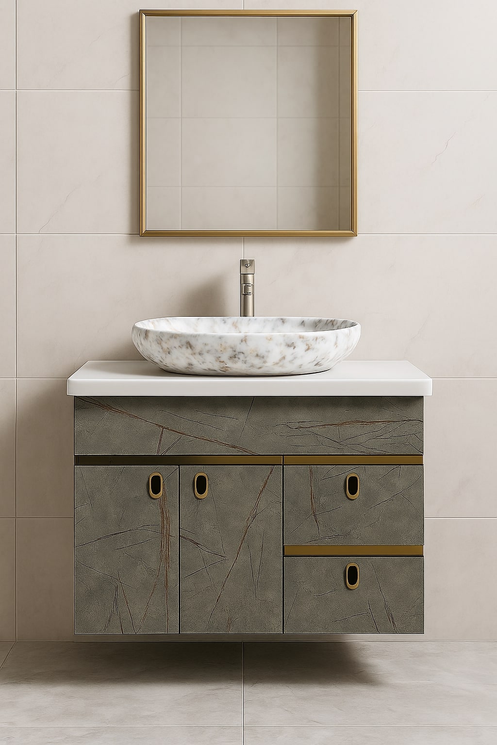 HDHMR Vanity Combo by Mizmo – 32x18 Inch Bathroom Setup with Marble Top, Designer Basin, 12'' Tall Basin Mixer, Waste Coupling & Jali – Complete Ready-to-Install Set , 3304