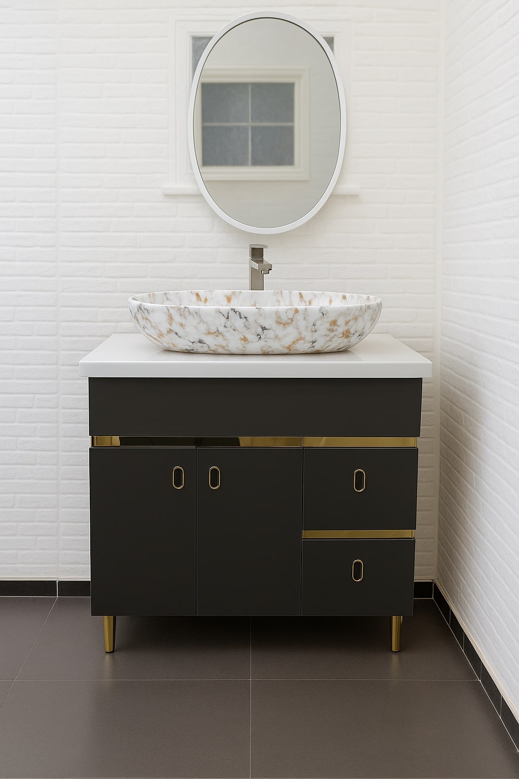 HDHMR Vanity Combo by Mizmo – 32x18 Inch Bathroom Setup with Marble Top, Designer Basin, 12'' Tall Basin Mixer, Waste Coupling & Jali – Complete Ready-to-Install Set , 3315