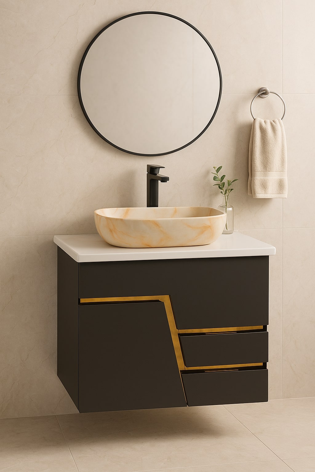 HDHMR Vanity Combo by Mizmo – 24x18 Inch Bathroom Set with Marble Top, Designer Counter-Top Basin, 12