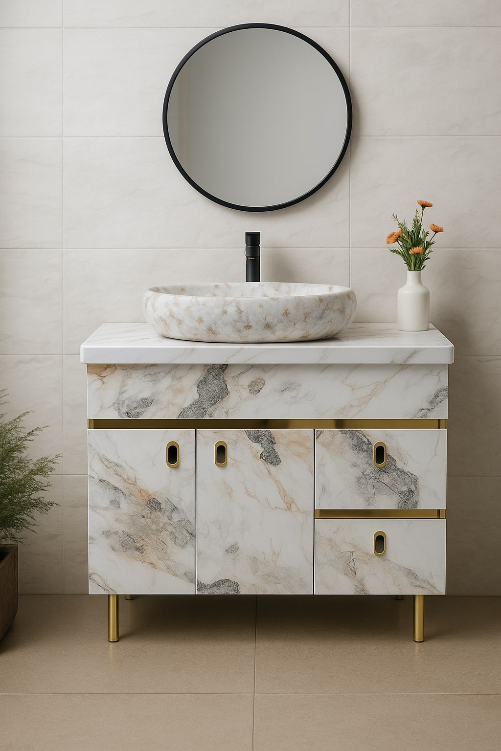 HDHMR Vanity Combo by Mizmo – 32x18 Inch Bathroom Setup with Marble Top, Designer Basin, 12'' Tall Basin Mixer, Waste Coupling & Jali – Complete Ready-to-Install Set , 3310