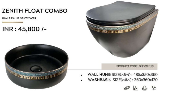 Mizmo , Designer Combo set , Wall hang WC + Counter top , Black , ZENITH FLOAT COMBО