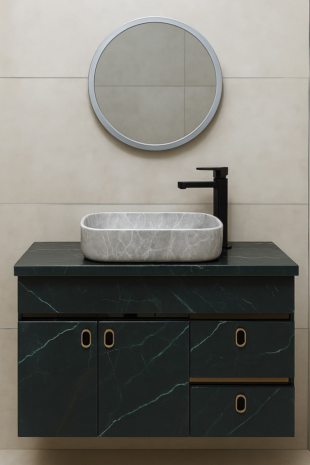 HDHMR Vanity Combo by Mizmo – 32x18 Inch Bathroom Setup with Marble Top, Designer Basin, 12'' Tall Basin Mixer, Waste Coupling & Jali – Complete Ready-to-Install Set , 3305G