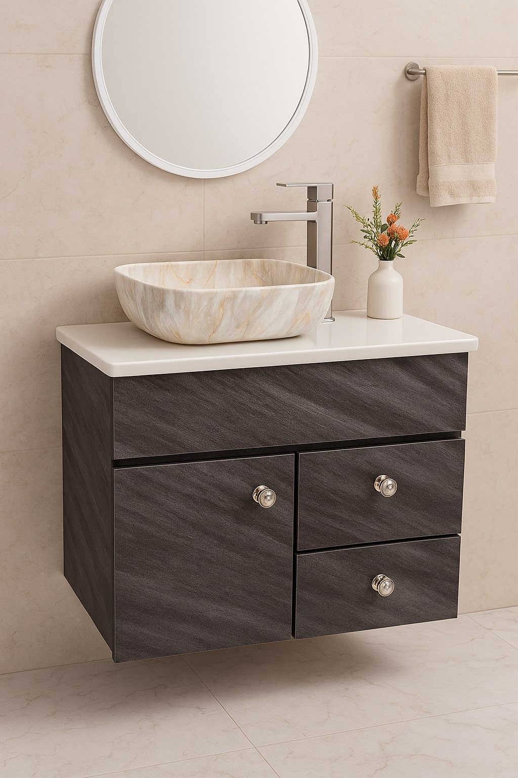 HDHMR Vanity Combo by Mizmo – 24x18 Inch Bathroom Set with Marble Top, Designer Counter-Top Basin, 12