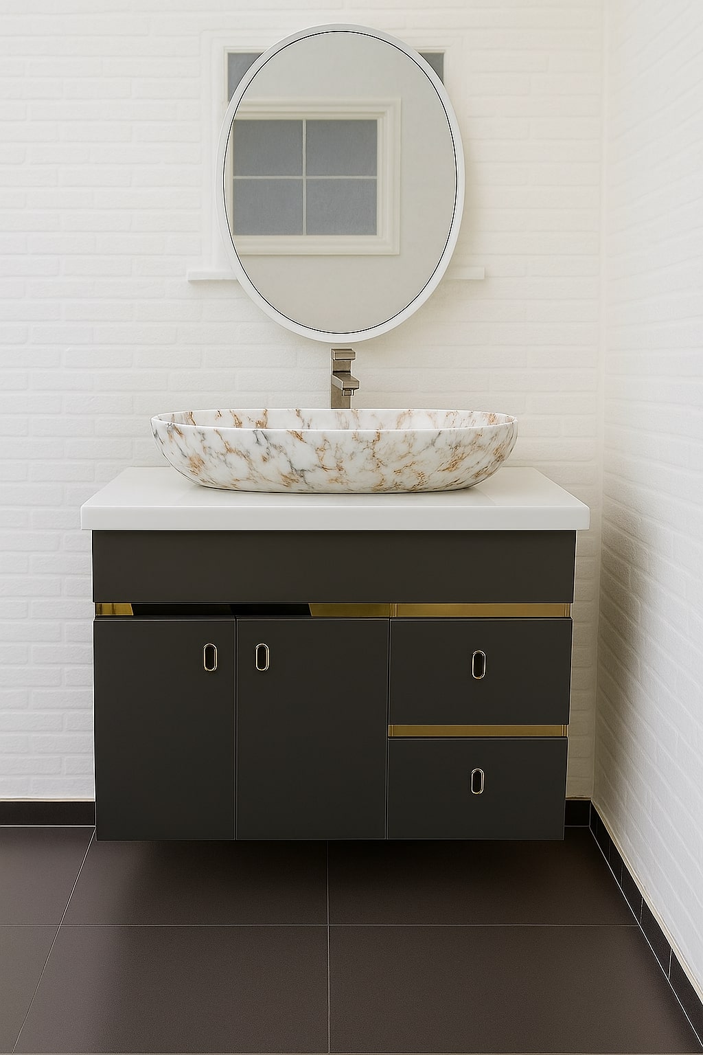 HDHMR Vanity Combo by Mizmo – 32x18 Inch Bathroom Setup with Marble Top, Designer Basin, 12'' Tall Basin Mixer, Waste Coupling & Jali – Complete Ready-to-Install Set , 3315