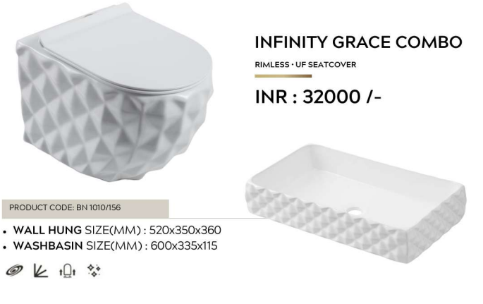Mizmo , Designer Combo set , Wall hang WC + Counter top , White , INFINITY GRACE COMBO