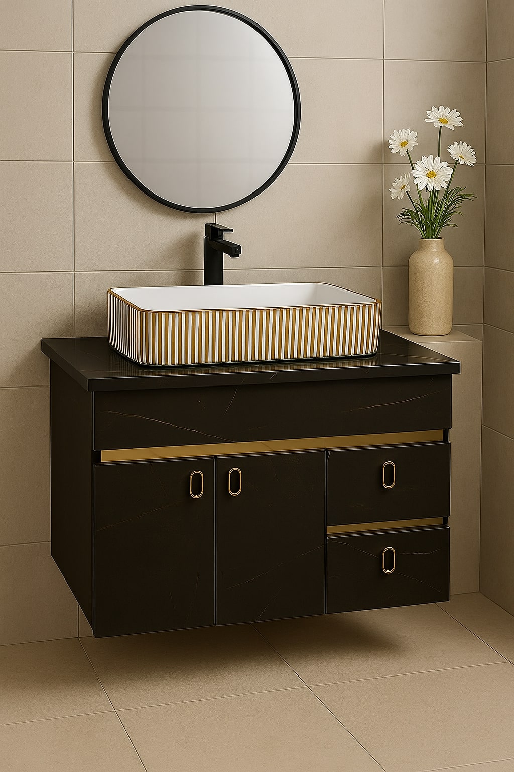 HDHMR Vanity Combo by Mizmo – 32x18 Inch Bathroom Setup with Marble Top, Designer Basin, 12'' Tall Basin Mixer, Waste Coupling & Jali – Complete Ready-to-Install Set , 3311G
