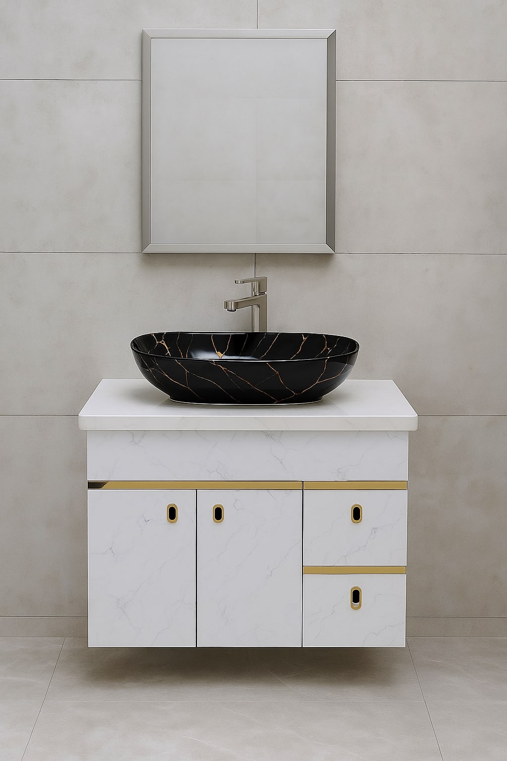 HDHMR Vanity Combo by Mizmo – 32x18 Inch Bathroom Setup with Marble Top, Designer Basin, 12'' Tall Basin Mixer, Waste Coupling & Jali – Complete Ready-to-Install Set , 3303