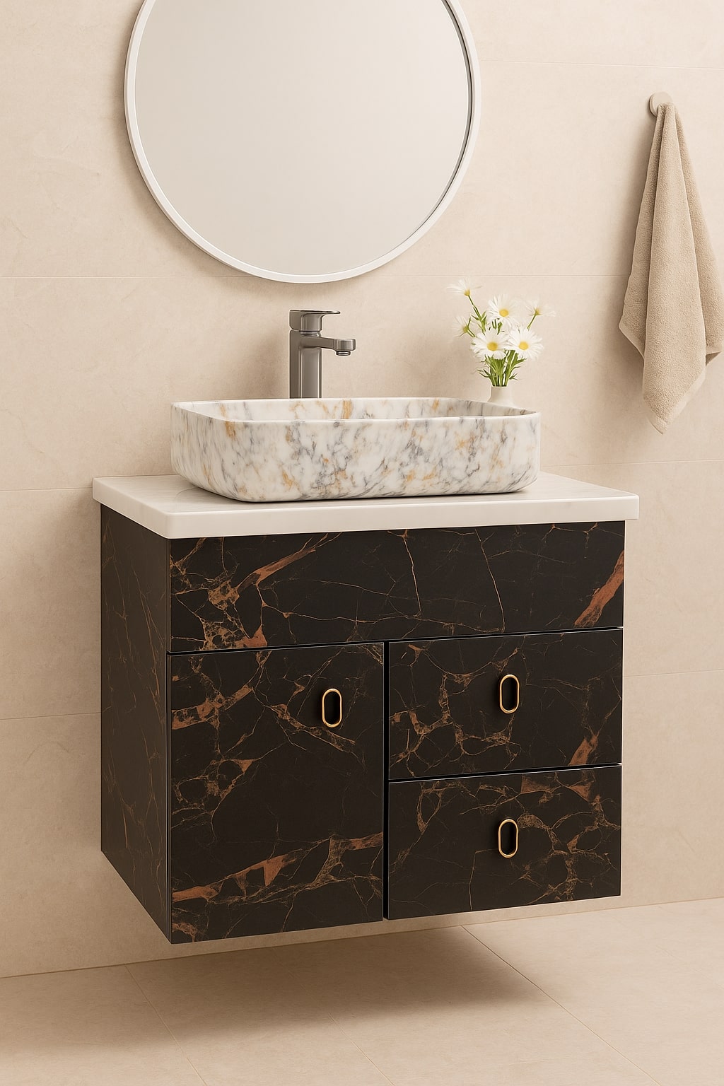 HDHMR Vanity Combo by Mizmo – 24x18 Inch Bathroom Set with Marble Top, Designer Counter-Top Basin, 12
