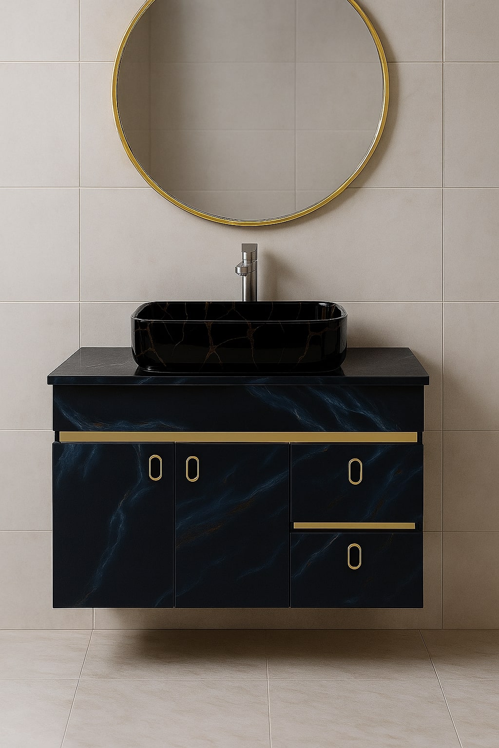 HDHMR Vanity Combo by Mizmo – 32x18 Inch Bathroom Setup with Marble Top, Designer Basin, 12'' Tall Basin Mixer, Waste Coupling & Jali – Complete Ready-to-Install Set , 3308