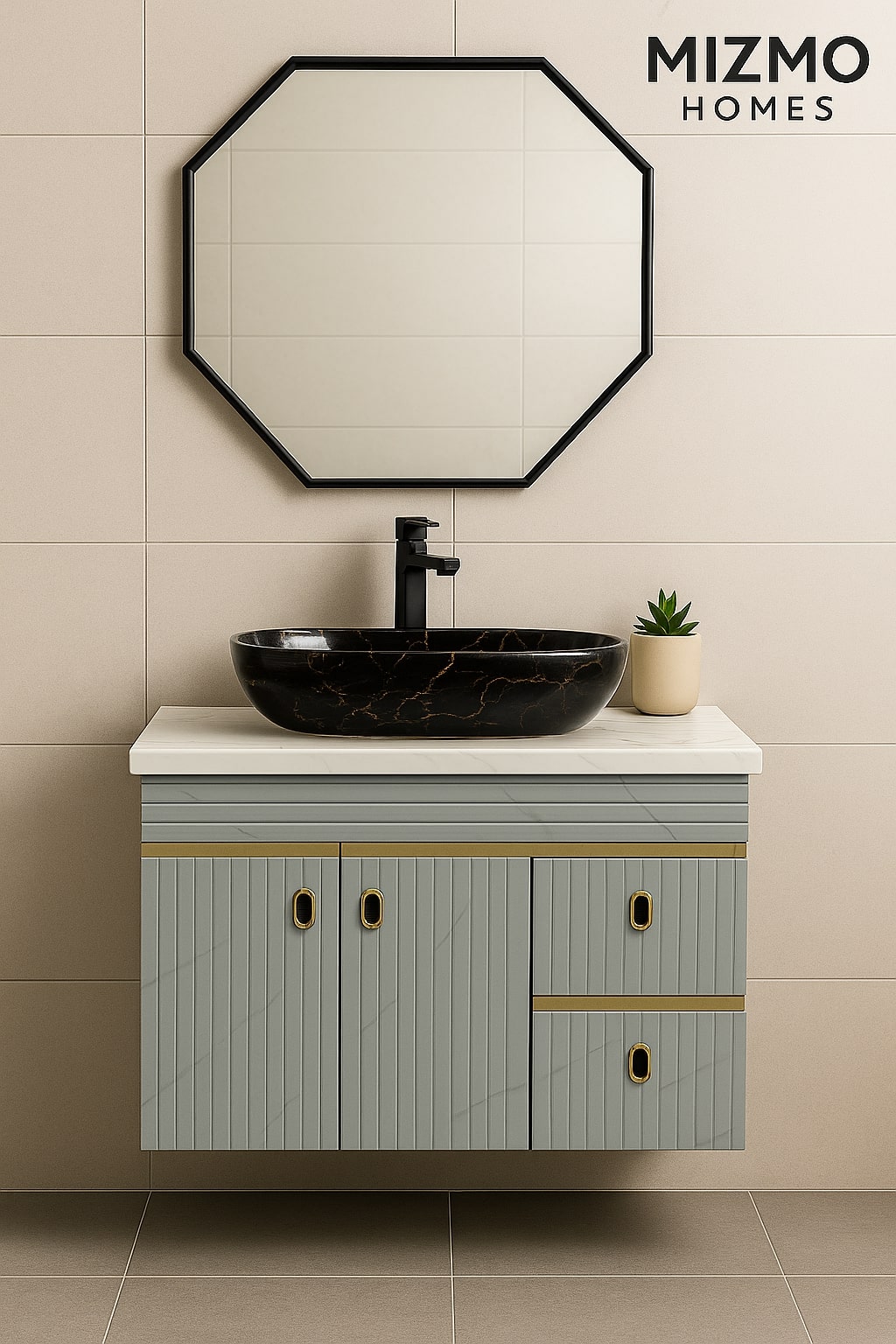 HDHMR Vanity Combo by Mizmo – 32x18 Inch Bathroom Setup with Marble Top, Designer Basin, 12'' Tall Basin Mixer, Waste Coupling & Jali – Complete Ready-to-Install Set , 3109