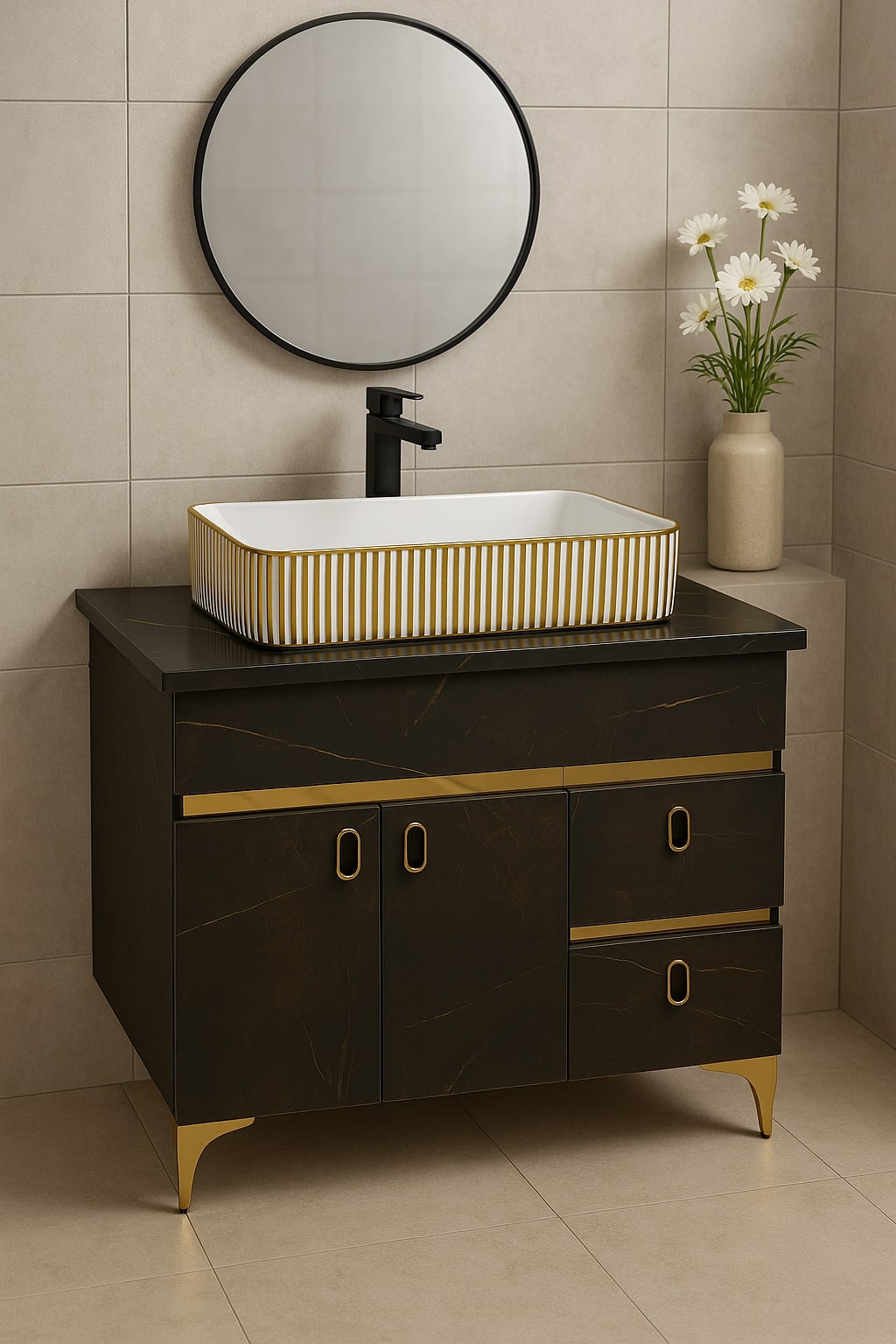 HDHMR Vanity Combo by Mizmo – 32x18 Inch Bathroom Setup with Marble Top, Designer Basin, 12'' Tall Basin Mixer, Waste Coupling & Jali – Complete Ready-to-Install Set , 3311G