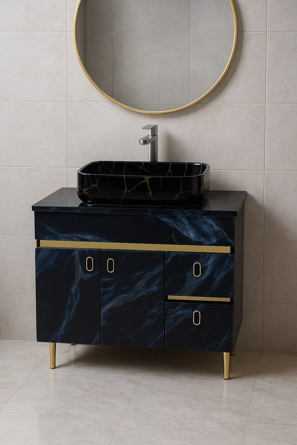 HDHMR Vanity Combo by Mizmo – 32x18 Inch Bathroom Setup with Marble Top, Designer Basin, 12'' Tall Basin Mixer, Waste Coupling & Jali – Complete Ready-to-Install Set , 3308
