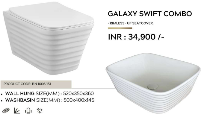 Mizmo , Designer Combo set , Wall hang WC + Counter top , White , GALAXY SWIFT COMВО
