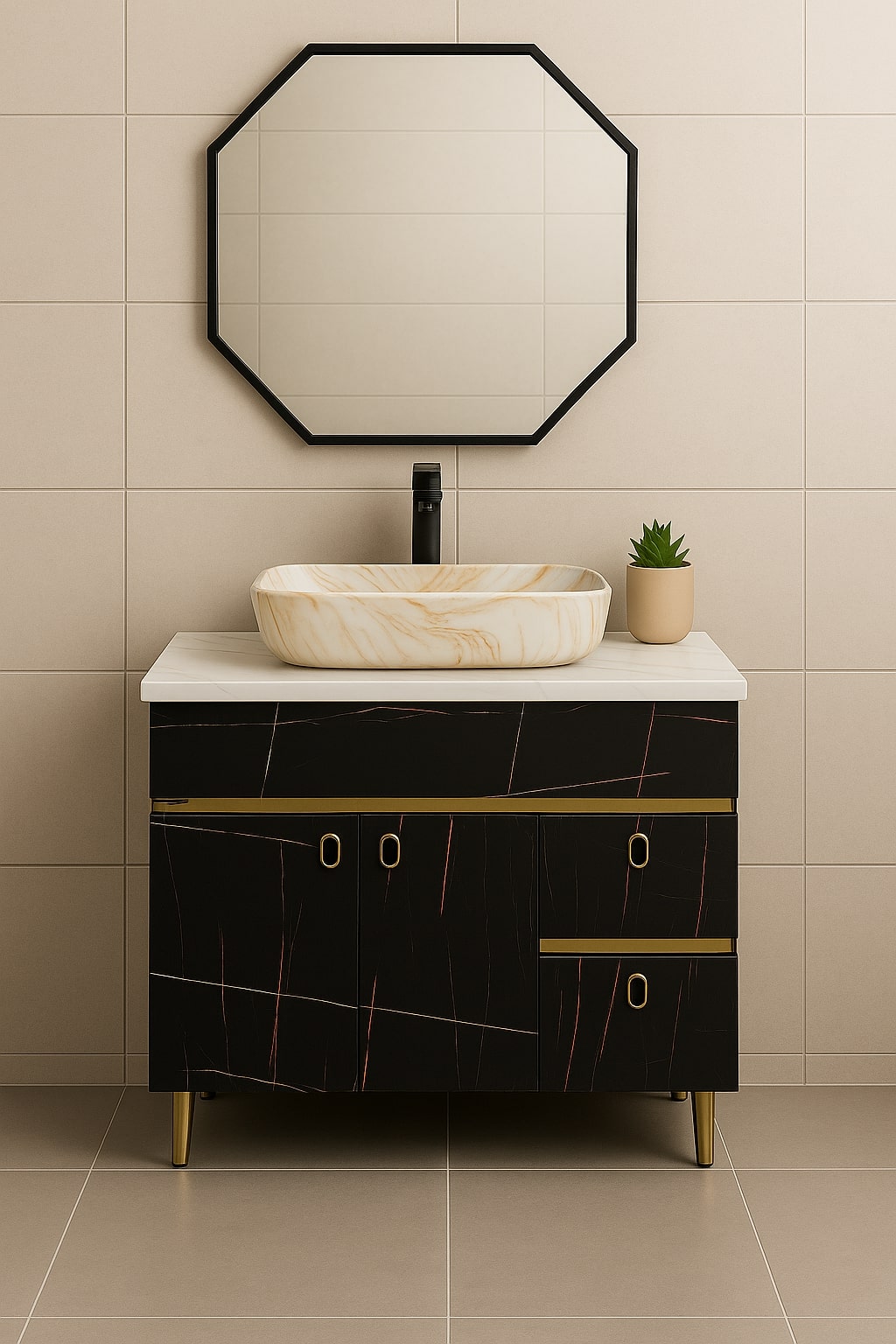 HDHMR Vanity Combo by Mizmo – 32x18 Inch Bathroom Setup with Marble Top, Designer Basin, 12'' Tall Basin Mixer, Waste Coupling & Jali – Complete Ready-to-Install Set , 3302