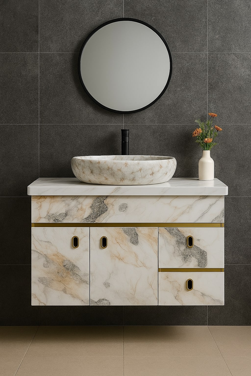 HDHMR Vanity Combo by Mizmo – 32x18 Inch Bathroom Setup with Marble Top, Designer Basin, 12'' Tall Basin Mixer, Waste Coupling & Jali – Complete Ready-to-Install Set , 3310