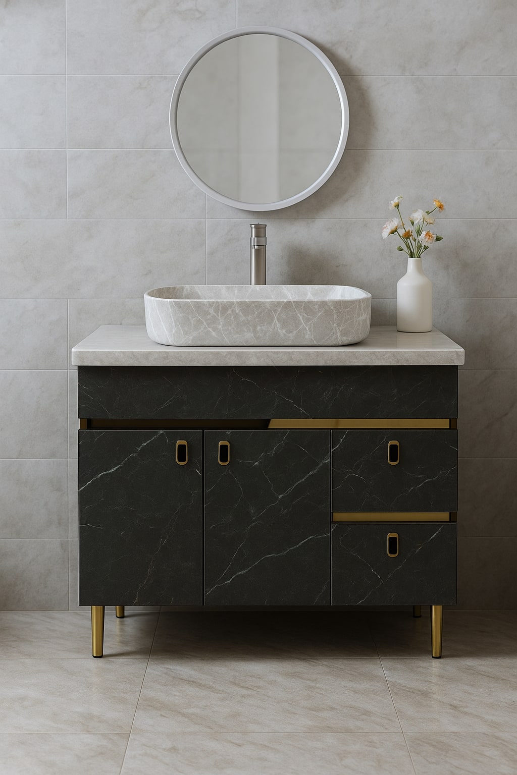 HDHMR Vanity Combo by Mizmo – 32x18 Inch Bathroom Setup with Marble Top, Designer Basin, 12'' Tall Basin Mixer, Waste Coupling & Jali – Complete Ready-to-Install Set , 3307G