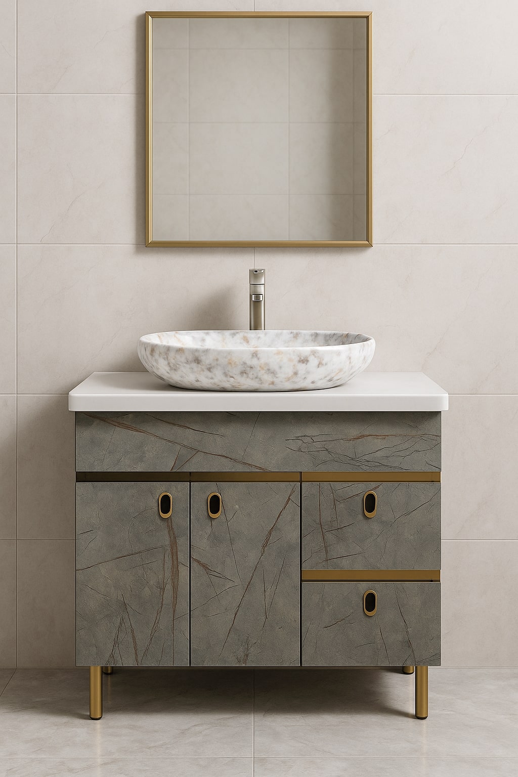 HDHMR Vanity Combo by Mizmo – 32x18 Inch Bathroom Setup with Marble Top, Designer Basin, 12'' Tall Basin Mixer, Waste Coupling & Jali – Complete Ready-to-Install Set , 3304
