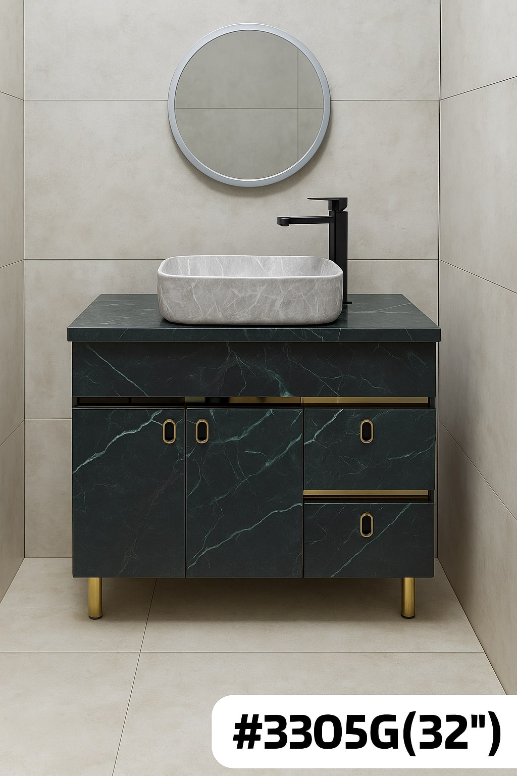 HDHMR Vanity Combo by Mizmo – 32x18 Inch Bathroom Setup with Marble Top, Designer Basin, 12'' Tall Basin Mixer, Waste Coupling & Jali – Complete Ready-to-Install Set , 3305G